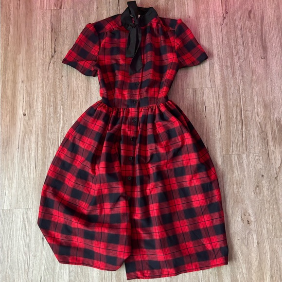 Unique Vintage Red and Black Plaid Midi Dress - Picture 3 of 13
